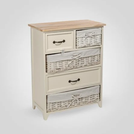 Комод Деревянный Белый Смешанный с Ящичками из Ротанга