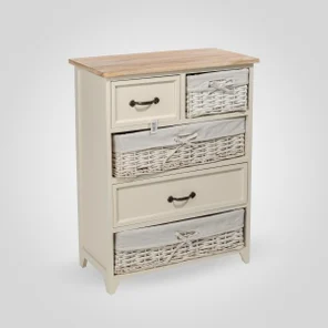 Комод Деревянный Белый Смешанный с Ящичками из Ротанга